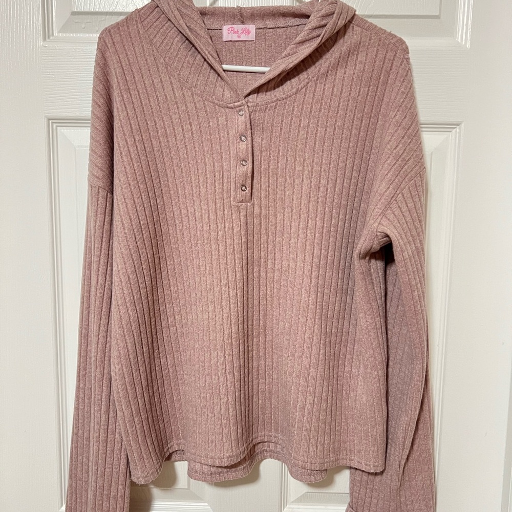 Pink Lily Ribbed Hoodie - Mauve